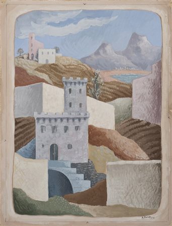 Renato Paresce "Paesaggio" 1931
tempera e olio su cartoncino
cm 30x23
Firmato e