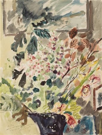 Filippo De Pisis "Vaso di fiori" 1936  acquerello e tecnica mista su carta applicata su cartoncino