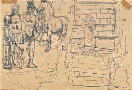 Mario Sironi "Studi con guerrieri, cavallo, arco e parete" 1935 circa
china acqu
