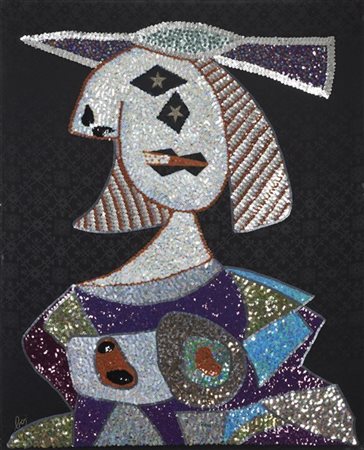 Enrico Baj "Femme" 1972paillettes su damascocm 100x80Firmato e numerato 74/80