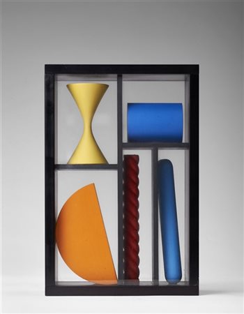 Lucio Del Pezzo "Casellario III" 
alluminio e legno dipinto
cm 21x14x5
Firmato e