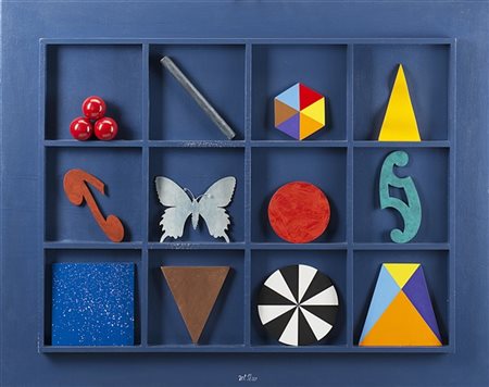 Lucio Del Pezzo "Casellario blu indaco" 
acrilico, smalto, collage di legni e te