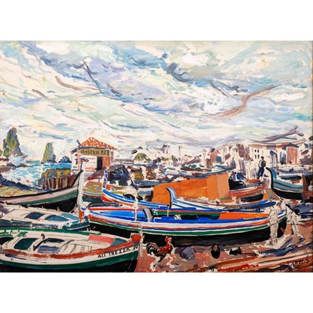GIULIO D'ANGELO 
Barche di Aci Trezza, Olio su tela