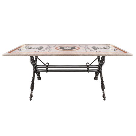 TAVOLO con piano in marmo intarsiato, base in ferro e ghisa