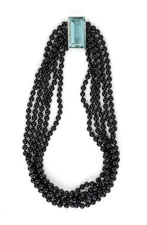 Collana in oro a 5 fili sfere in onice ed acquamarina centrale da circa 80 ct