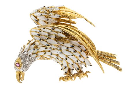 Spilla in oro, smalto, rubini e diamanti raffigurante un'aquila   