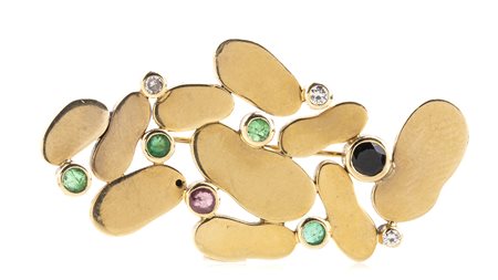 Spilla motivo fantasia in oro con diamanti e pietre di colore