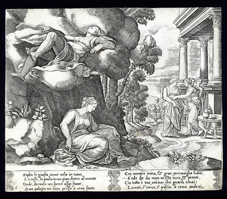 AGOSTINO VENEZIANO (1509-1536) E MAESTRO DEL DADO (ATTIVO A ROMA, - 1560) IV STATO: La Favola di Amore e Psiche: Zefiro porta Psiche al palazzo di Eros
