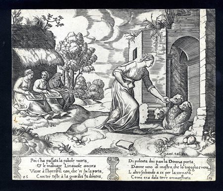 AGOSTINO VENEZIANO (1509-1536) E MAESTRO DEL DADO (ATTIVO A ROMA, - 1560): La Favola di Amore e Psiche: Psiche calma Cerbero con il cibo