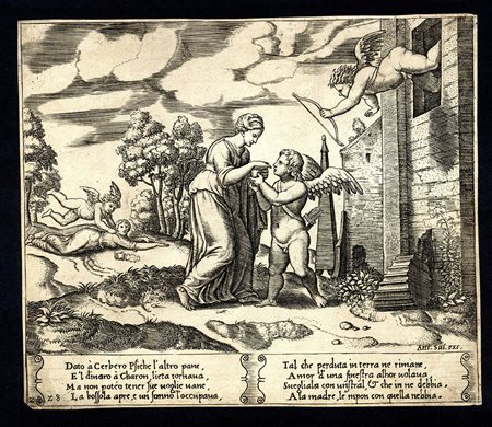 AGOSTINO VENEZIANO (1509-1536) E MAESTRO DEL DADO (ATTIVO A ROMA, - 1560): La Favola di Amore e Psiche: Amore vola in soccorso di Psiche