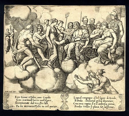 AGOSTINO VENEZIANO (1509-1536) E MAESTRO DEL DADO (ATTIVO A ROMA, - 1560): La Favola di Amore e Psiche: Venere ed Amore davanti gli altri Dei