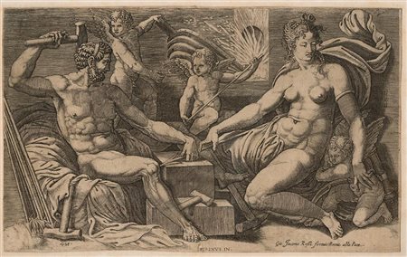 GIORGIO GHISI (1520-1582) DA PERINO DEL VAGA (1501-1547) : Venere nella fucina di Vulcano