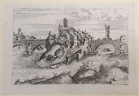 BATTISTA PITTONI DETTO IL VICENTINO (1520-1583): Paesaggio romano con il Ponte di Fabrizio e parte dell’Isola di Tiberio, 1561