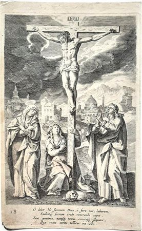 PIETER DE JODE I (1573-1634) DA MARTIN DE VOS (1532-1603): CRISTO IN CROCE CON LE DUE MARIE E SAN GIOVANNI