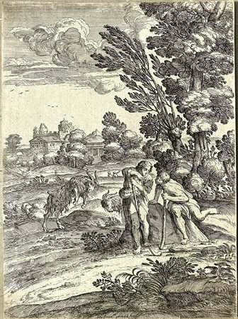 GIOVANNI FRANCESCO GRIMALDI DETTO IL BOLOGNESE (1606-1680): PAESAGGIO CON DUE PASTORI E DUE CAPRONI CHE LOTTANO