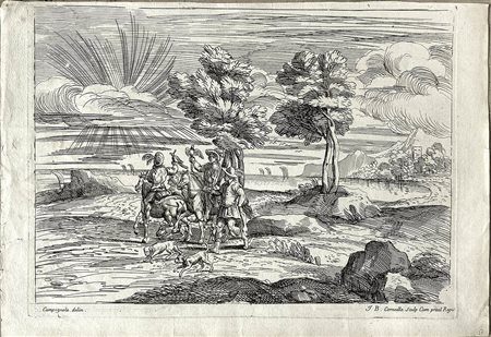 JEAN BAPTISTE CORNEILLE (1646/49 - 1695), DA DOMENICO CAMPAGNOLA (1500-1564): PAESAGGIO CON CAVALIERI CON FALCHI DA CACCIA