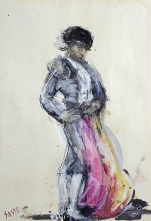 Aligi Sassu (Milano, 1912 - 2000) Torero Tecnica mista su carta, cm. 24x17,5...