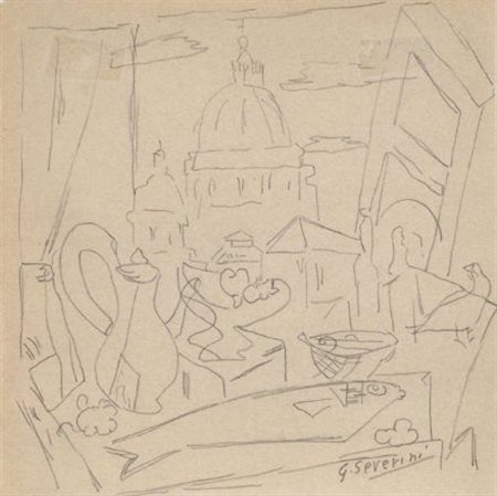Gino Severini (Cortona, 1883 - Parigi, 1966) Natura morta con cattedrale,...