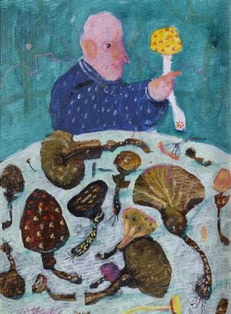 Antonio Possenti (Lucca, 1933) Figura e funghi Olio su cartone telato, cm....