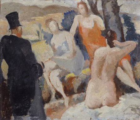 Felice Carena (Cumiana, 1879 - Venezia, 1966) Figure all'aperto Olio su...