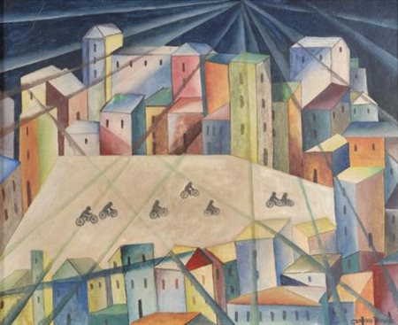 Giovanni Varvaro (Palermo, 1888 - 1973) Città+riflettori+motociclisti, (1928)...