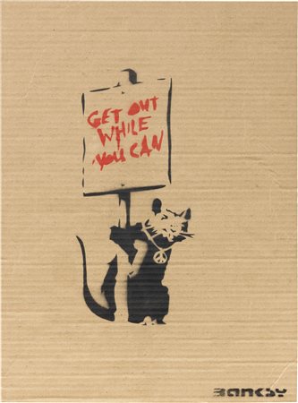 Banksy, Get Out While You Can (Placard Rat), 2015