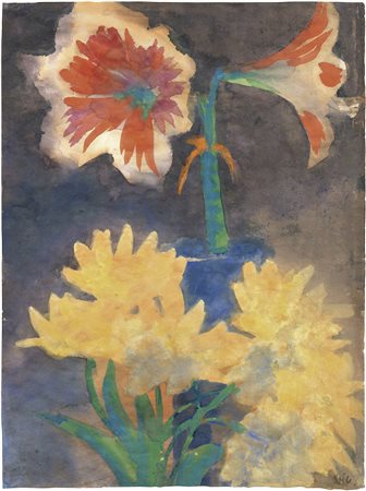 Emil Nolde, Rotweiße Amaryllis und gelbe Blüten, 1930 ca.