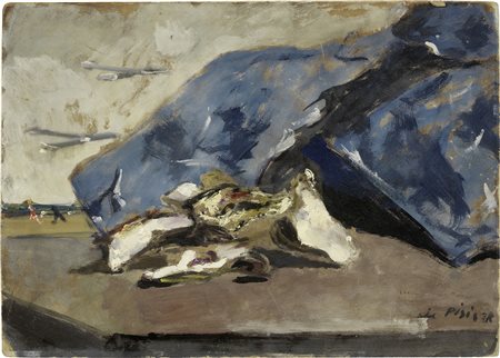 Filippo de Pisis, Natura morta con gusci d'ostrica e giacca blu sulla spiaggia, 1928