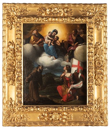 Scuola emiliana, secolo XVII - Madonna con Bambino in gloria, San Giovannino, San Giovanni Evangelista, San Pietro, angeli, San Francesco e Sant'Orsola
