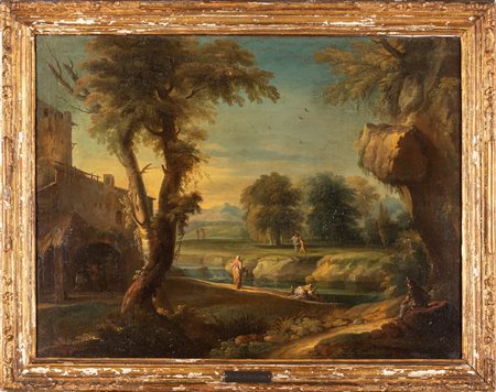 Scuola veneta, secolo XVIII - Paesaggio con lavandaie e viandanti presso un fiume e casolare