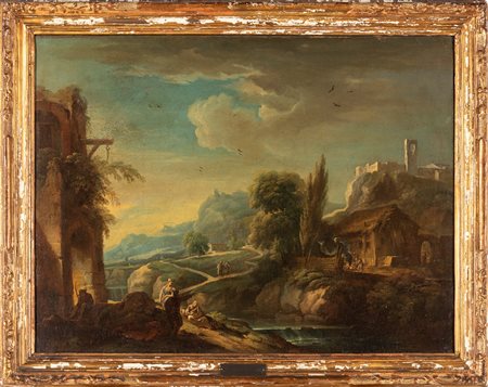 Scuola veneta, secolo XVIII - Paesaggio con viandanti presso un fiume, rovine, casolare e castello sullo sfondo