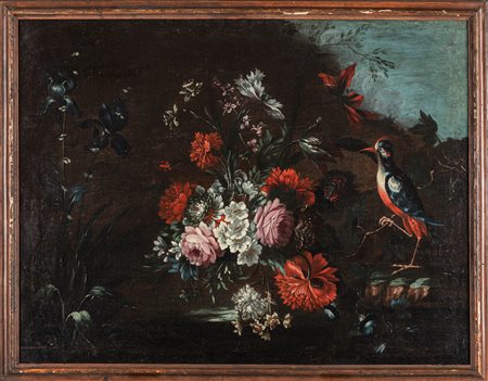 Scuola emiliana, fine secolo XVII - inizio secolo XVIII - Composizione di fiori con picchio en plein air