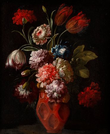 Andrea Belvedere (Napoli 1646/ 1652-1732)  - Fiori in un vaso alveolato di terracotta invetriata