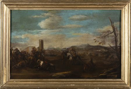 Scuola italiana, secolo XVII - Paesaggio con scontro di cavalieri