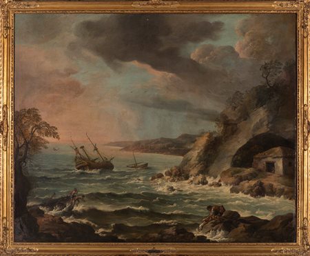 Scuola romana, fine secolo XVII - inizi secolo XVIII - Paesaggio con mare in tempesta