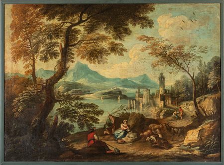 Scuola veneta, fine secolo XVIII - inizi secolo XIX - Paesaggio fluviale con pastori a riposo e armenti, castello sullo sfondo
