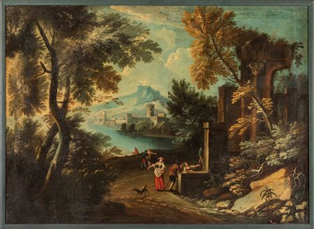 Scuola veneta, fine secolo XVIII - inizi secolo XIX - Paesaggio fluviale con viandanti in sosta, castello sullo sfondo