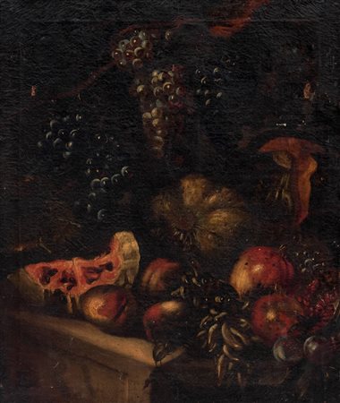 Scuola romana, secolo XVII - Uve, zucche, melagrane, anguria e altri frutti su un piano di pietra