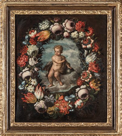 Scuola dell'Italia settentrionale, secolo XVII - Cristo fanciullo con globo entro ghirlanda di fiori
