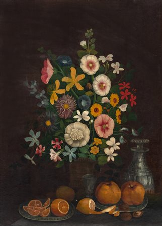 Scuola fiamminga, secolo XVIII - Campanule, fiordalisi, garofani dei poeti ed altri fiori in un vaso, agrumi, frutti e vasellame su un tavolo