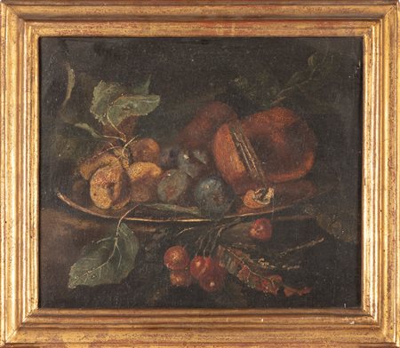 Scuola italiana, secolo XVII - Alzata con ciliegie, prugne ed altri frutti 
