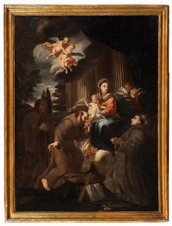 Scuola italiana, fine secolo XVII - inizi secolo XVIII - San Francesco e Sant'Antonio da Padova in adorazione della Madonna con Bambino
