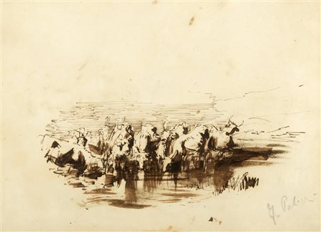 Attribuito a Filippo Palizzi (Vasto 1818 - Napoli 1899) - Bufale al guado (recto); e studi per caprette e cane (verso)