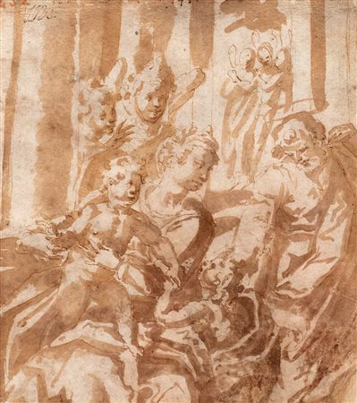 Scuola emiliana, fine secolo XVI - inizi secolo XVII - Sacra Famiglia con San Giovannino e Angeli (recto) e Studio di Angeli (verso)