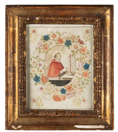 Scuola italiana, secoli XVIII-XIX - San Carlo Borromeo in adorazione del crocifisso, entro ghirlanda di fiori