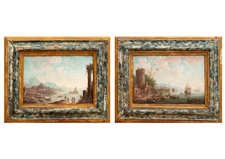 Scuola fiamminga, secolo XVIII - Due paesaggi costieri con velieri e astanti