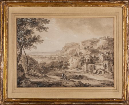Marco Ricci (Belluno 1676-Venezia 1730)  - Paesaggio con case rustiche, antiche rovine e viandanti