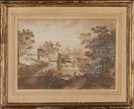 Marco Ricci (Belluno 1676-Venezia 1730)  - Paesaggio con diga, laghetto e viandanti