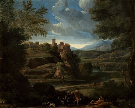 Scuola romana, secolo XVII - Paesaggio arcadico con pastori e armenti in primo piano e borgo turrito sullo sfondo