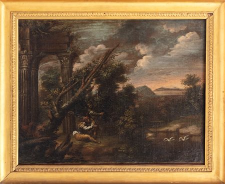 Pietro Montanini, detto Petruccio Perugino (Perugia 1619-1689)  - Paesaggio fluviale con viandanti a riposo e antiche rovine